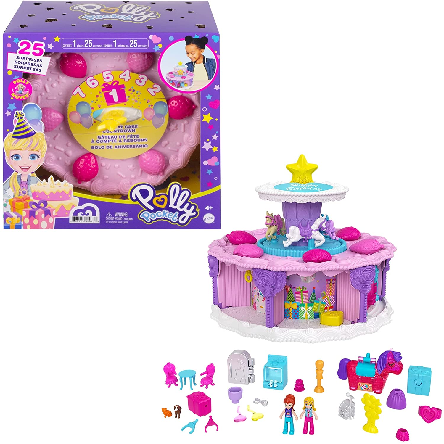 Polly Pocket 2-In-1 Unicorn Toy Playset, Spin 'N Surprise Birthday with  Micro Polly & Lila Dolls, Plus 25 Accessories