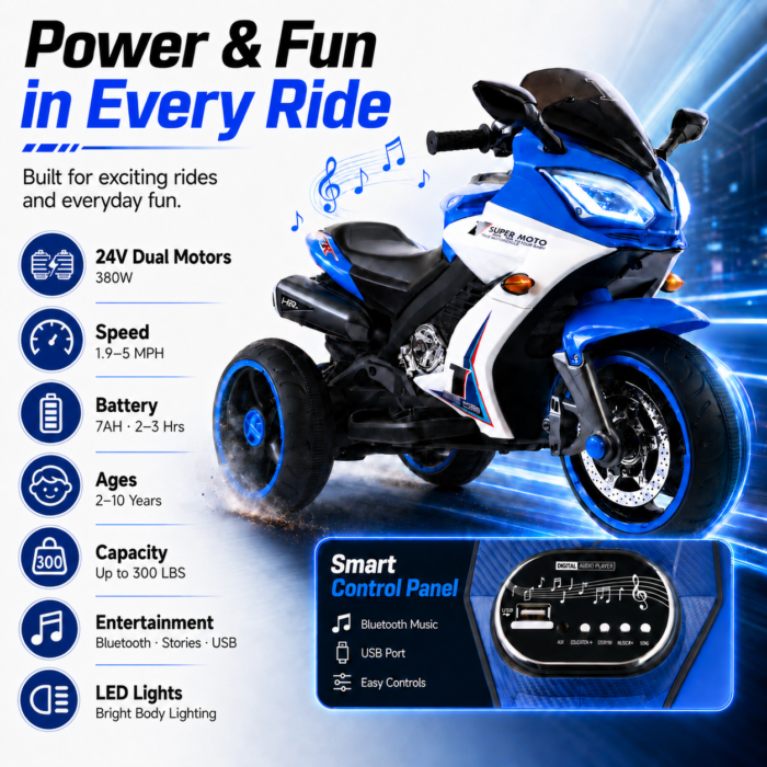 24V Kids Motorcycle 3 Wheels Electric Ride-On Toys for Ages 2-10, Dual 380W Motors - Image 2