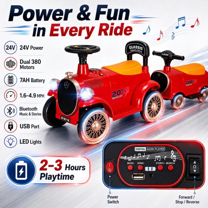 2-Seater Ride On Train Trackless, 24V Ride On Toy with Storage Seat, Music & LED Lights - Image 5