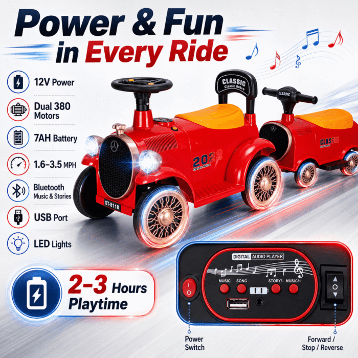 2-Seater Ride On Train Trackless, 12V Ride On Toy with Storage Seat, Music & LED Lights - Image 3