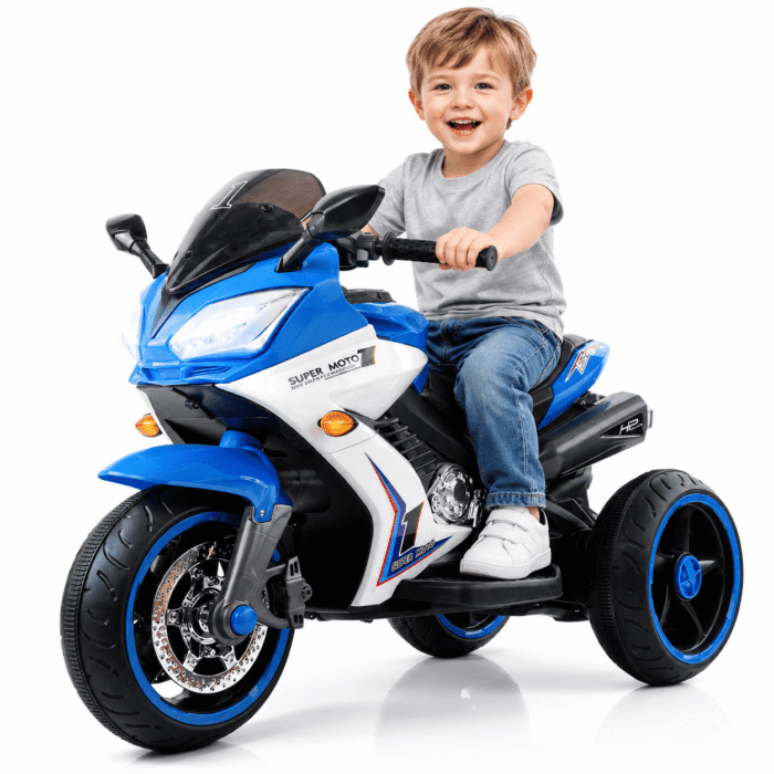 electric motorcycle ride on toys blue 24V Kids Motorcycle 3 Wheels Electric Ride-On Toys for Ages 2-10, Dual 380W Motors - Image 1
