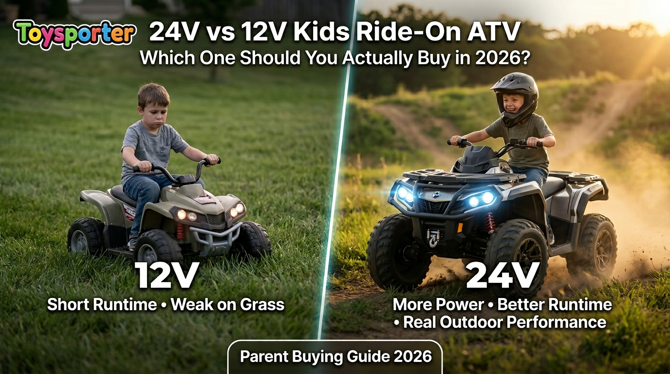 24V vs 12V kids ride-on ATV comparison showing outdoor performance differences in 2026