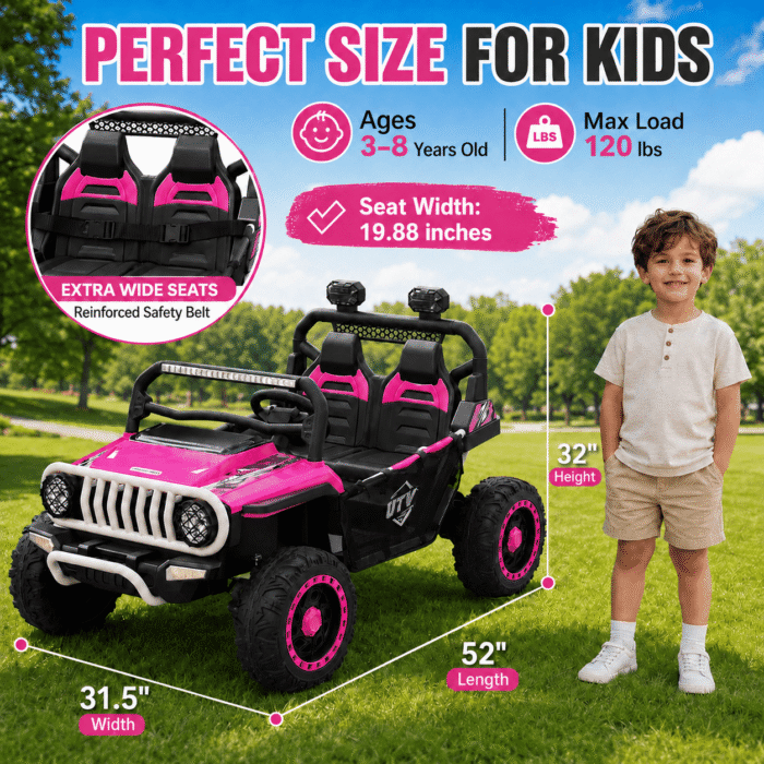 24V Ride On Jeep, Kids 2 Seater Off Road UTV with 4WD Motor, Remote Control, 3 Speed, Bluetooth Music, Spring Suspension, LED Light - Image 6