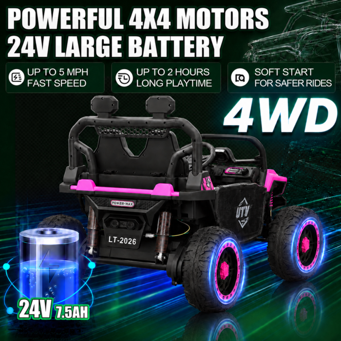24V Ride On Jeep, Kids 2 Seater Off Road UTV with 4WD Motor, Remote Control, 3 Speed, Bluetooth Music, Spring Suspension, LED Light - Image 2