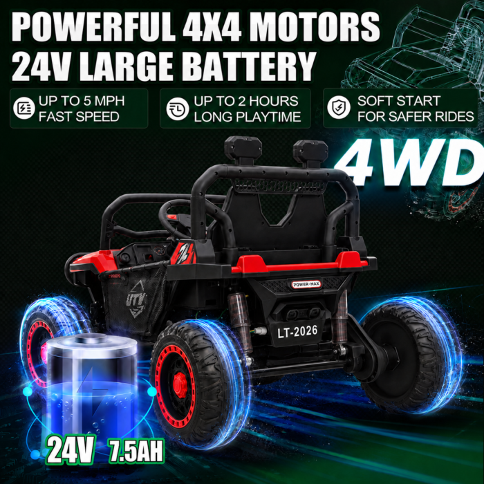 24V Ride On Jeep for Big Kids, 2 Seater Off Road UTV with 4WD Motor, Parent Remote, 3 Speeds, Bluetooth, LED Light - Image 2