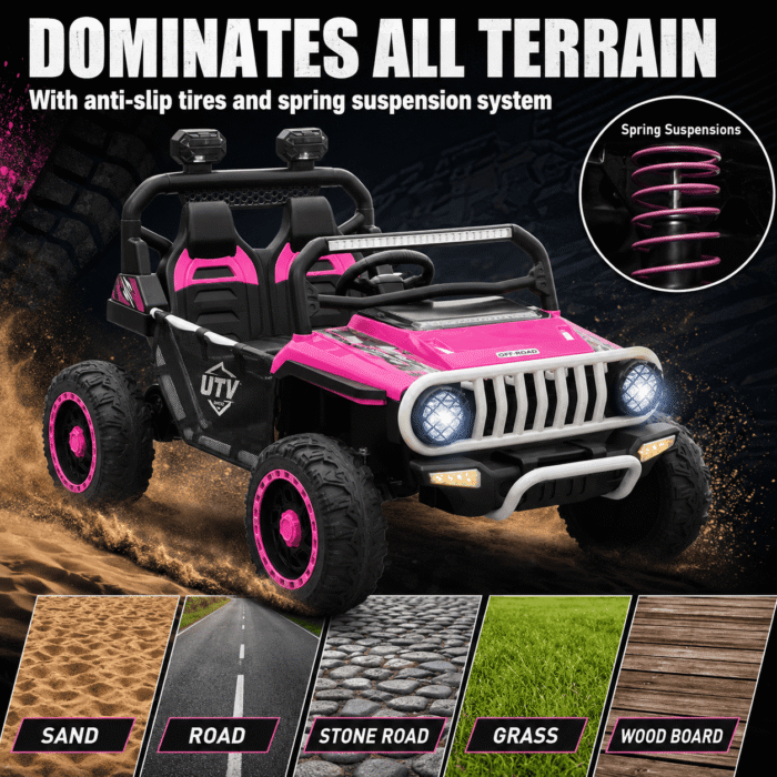 24V Ride On Jeep, Kids 2 Seater Off Road UTV with 4WD Motor, Remote Control, 3 Speed, Bluetooth Music, Spring Suspension, LED Light - Image 5