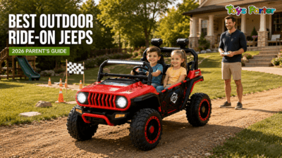 ToysPorter 24V 2-seater ride-on Jeep for kids driving outdoors on grass and driveway