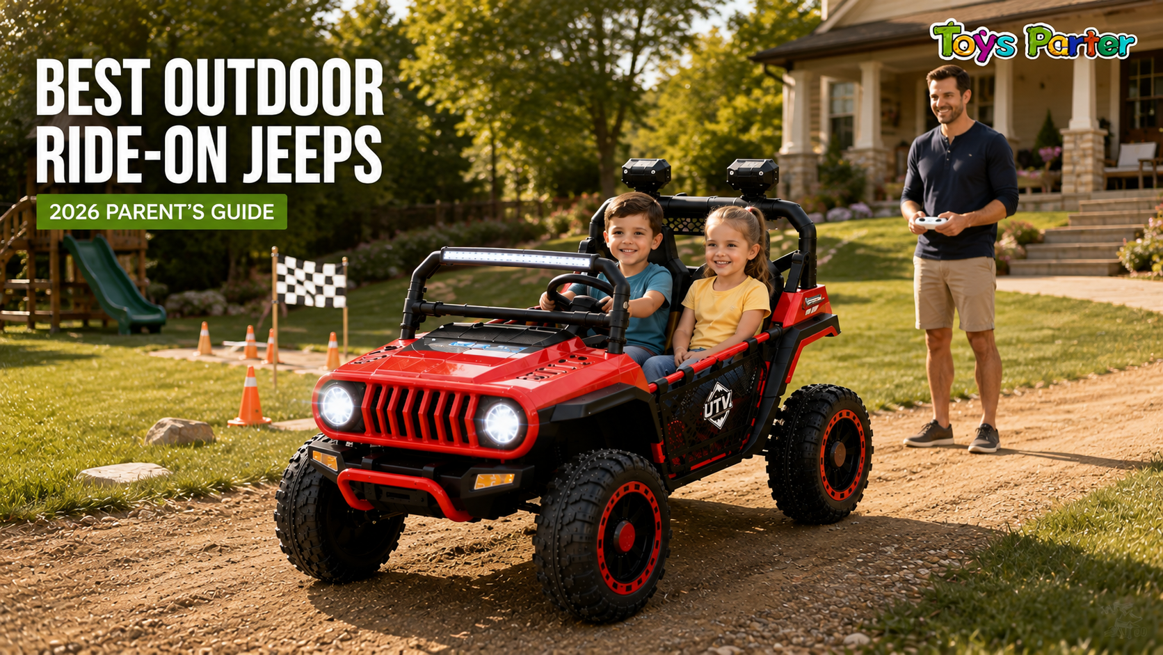 ToysPorter 24V 2-seater ride-on Jeep for kids driving outdoors on grass and driveway